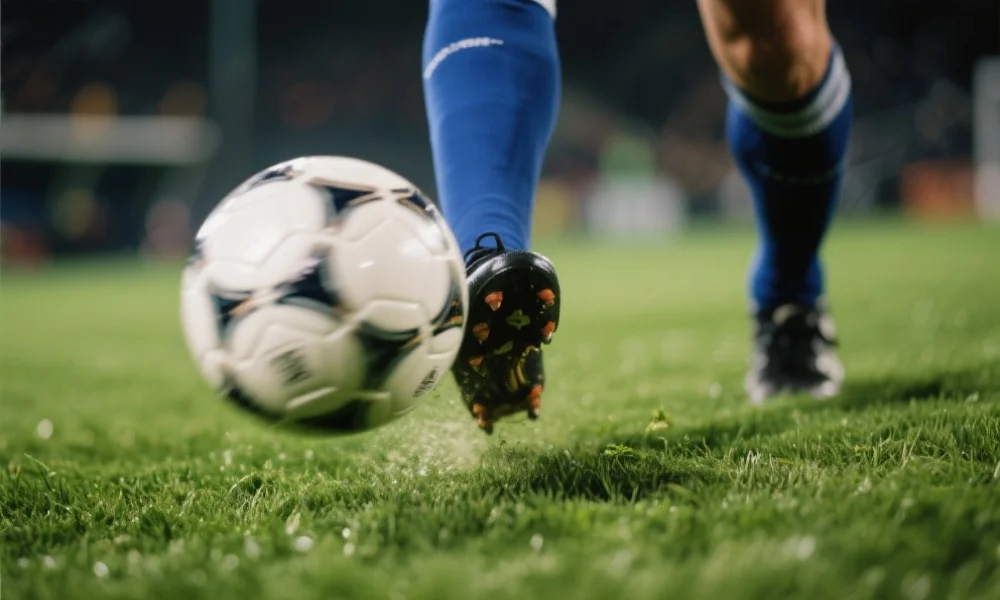 一个足球被球员精准踢出的动态特写